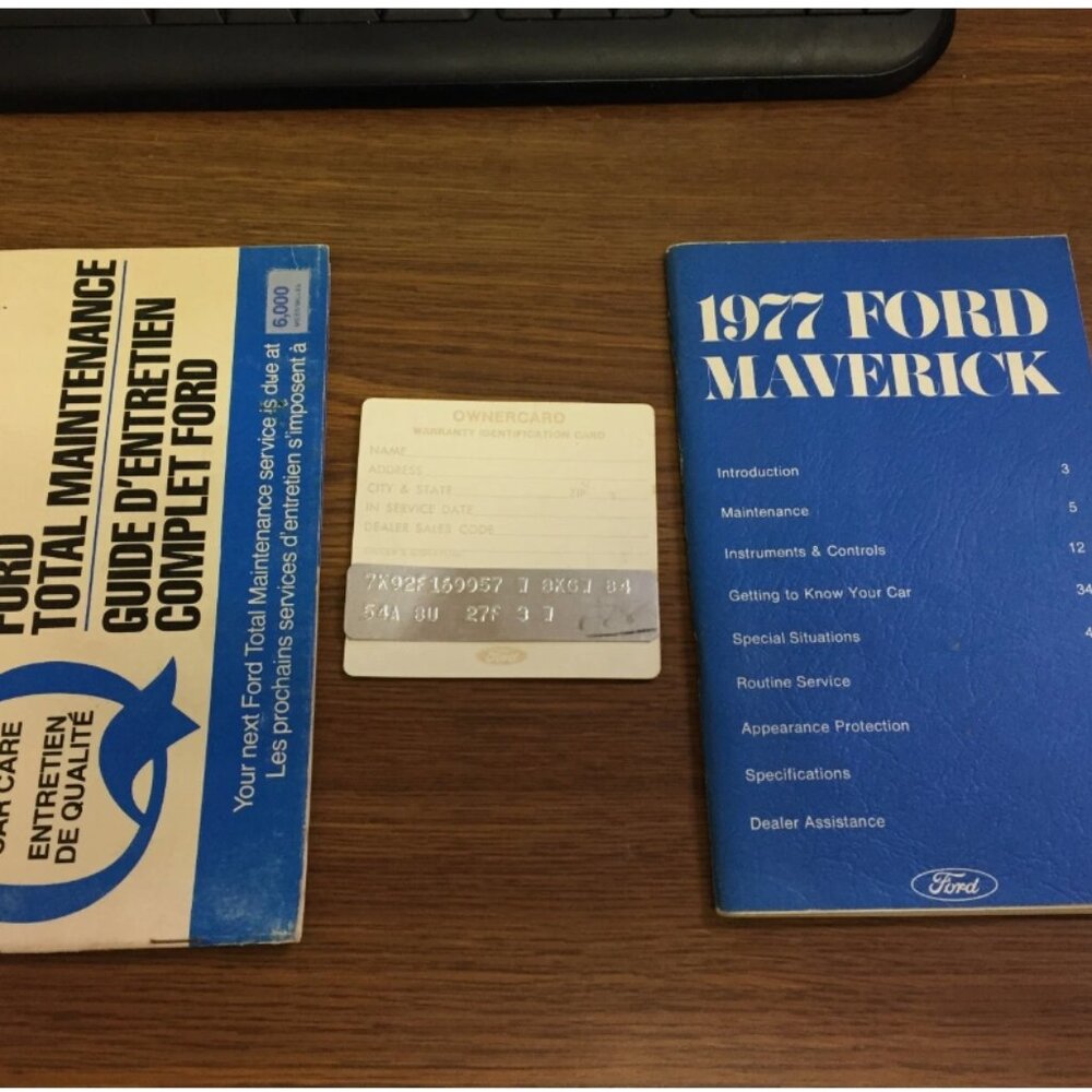 1977 Ford Maverick Car Owner's Manual + Ownercard with Vin Plate + Maintenance